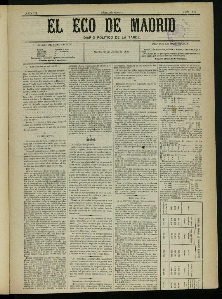 Miniatura de El Eco de Madrid : diario político de la tarde del 26 de junio de 1883, nº 539