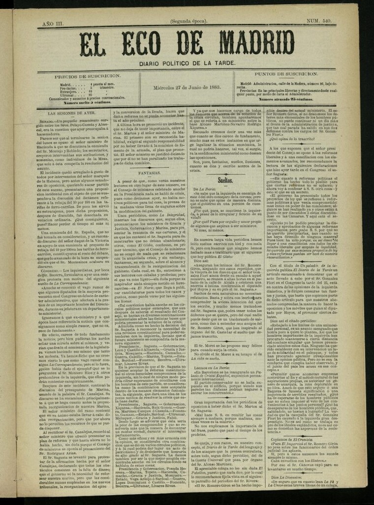 Miniatura de El Eco de Madrid : diario político de la tarde del 27 de junio de 1883, nº 540