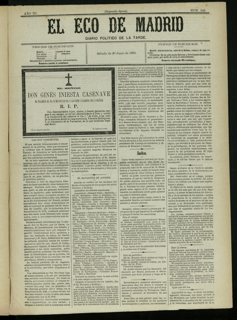 Miniatura de El Eco de Madrid : diario político de la tarde del 30 de junio de 1883, nº 542