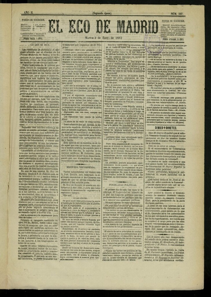 Miniatura de El Eco de Madrid : diario político de la tarde del 3 de enero de 1882, nº 237