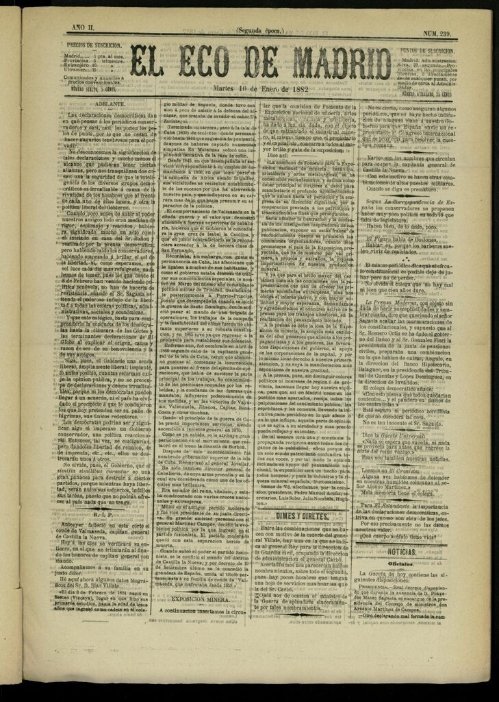 Miniatura de El Eco de Madrid : diario político de la tarde del 10 de enero de 1882, nº 239