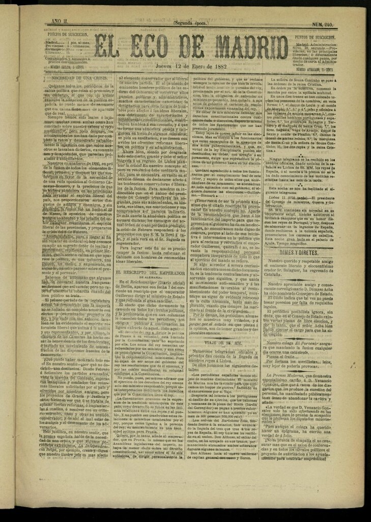 Miniatura de El Eco de Madrid : diario político de la tarde del 12 de enero de 1882, nº 240