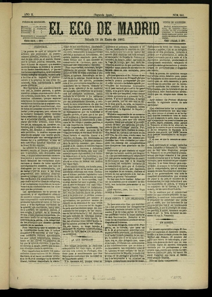 Miniatura de El Eco de Madrid : diario político de la tarde del 14 de enero de 1882, nº 241