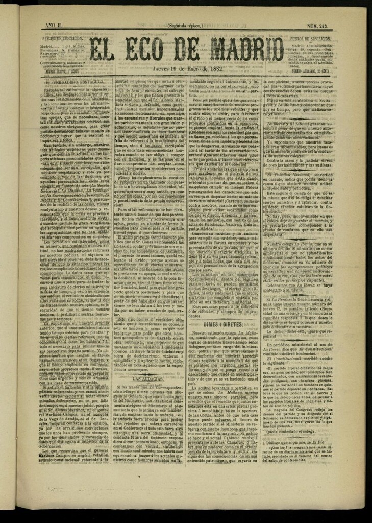 Miniatura de El Eco de Madrid : diario político de la tarde del 19 de enero de 1882, nº 243