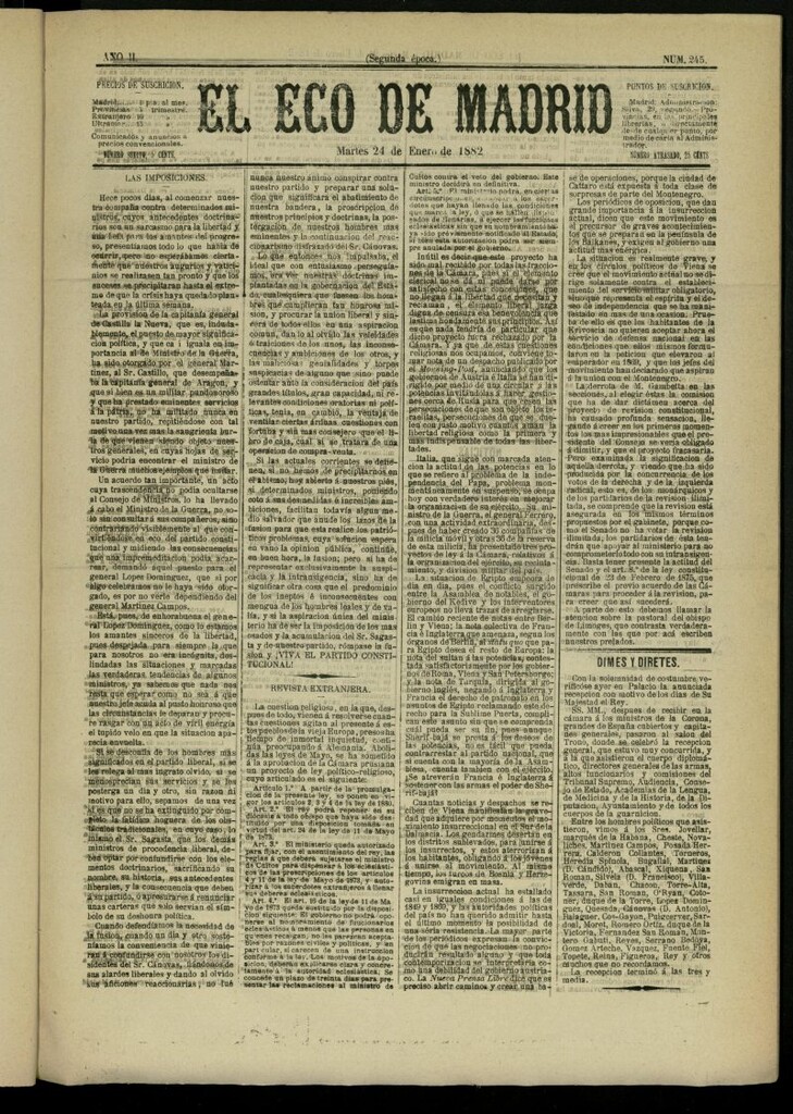 Miniatura de El Eco de Madrid : diario político de la tarde del 24 de enero de 1882, nº 245