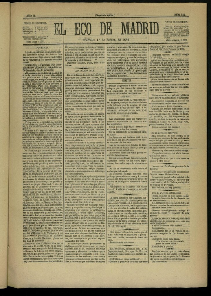 Miniatura de El Eco de Madrid : diario político de la tarde del 1 de febrero de 1882, nº 249