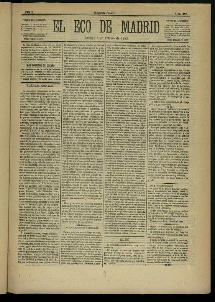 Miniatura de El Eco de Madrid : diario político de la tarde del 5 de febrero de 1882, nº 252