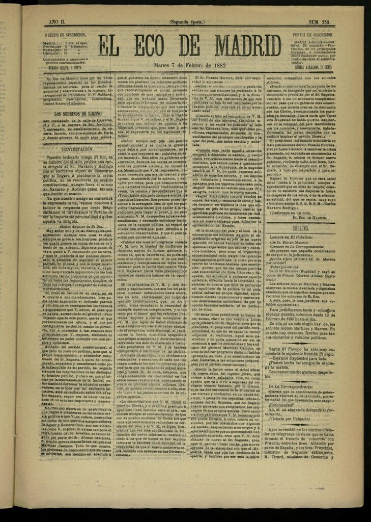 Miniatura de El Eco de Madrid : diario político de la tarde del 7 de febrero de 1882, nº 253