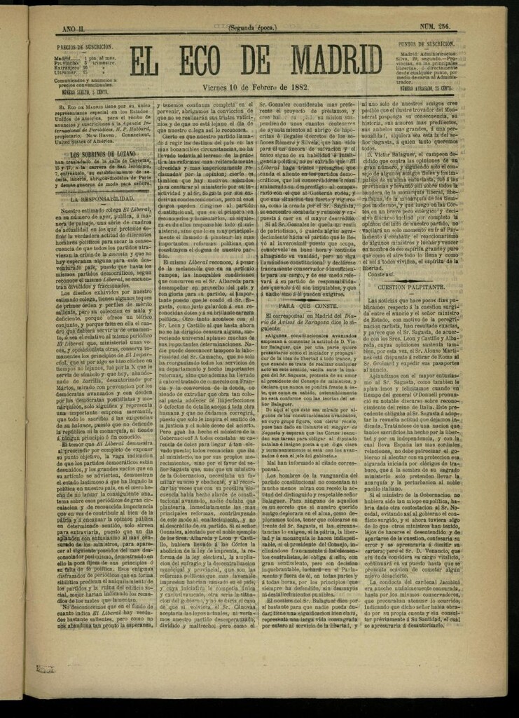 Miniatura de El Eco de Madrid : diario político de la tarde del 10 de febrero de 1882, nº 256