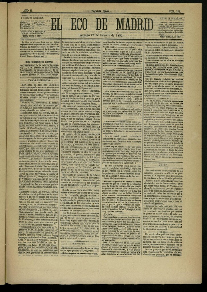 Miniatura de El Eco de Madrid : diario político de la tarde del 12 de febrero de 1882, nº 258