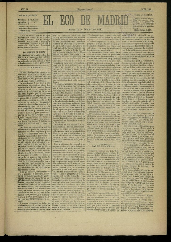 Miniatura de El Eco de Madrid : diario político de la tarde del 14 de febrero de 1882, nº 259