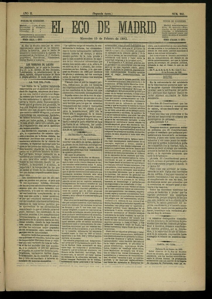 Miniatura de El Eco de Madrid : diario político de la tarde del 15 de febrero de 1882, nº 260