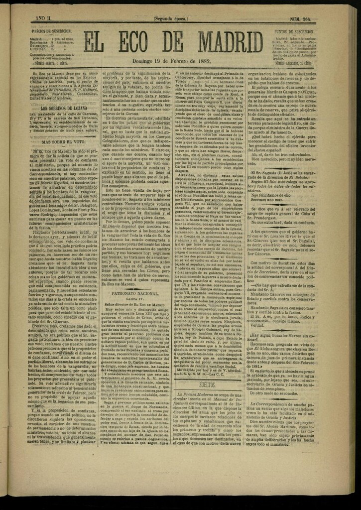 Miniatura de El Eco de Madrid : diario político de la tarde del 19 de febrero de 1882, nº 264