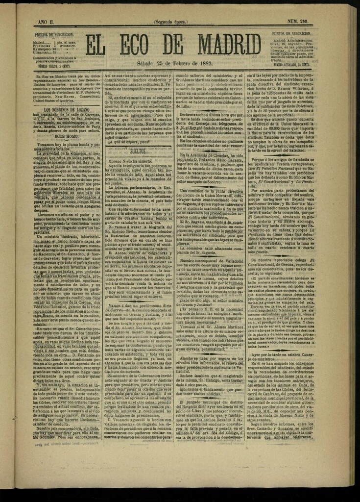 Miniatura de El Eco de Madrid : diario político de la tarde del 25 de febrero de 1882, nº 268