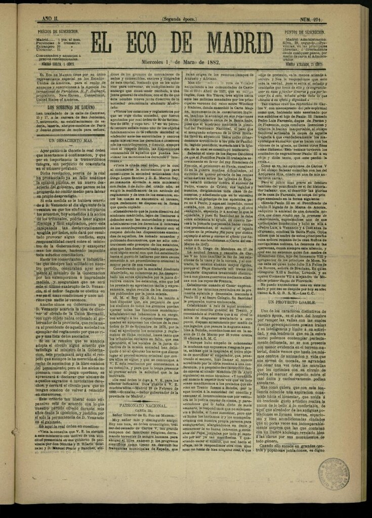 Miniatura de El Eco de Madrid : diario político de la tarde del 1 de marzo de 1882, nº 271
