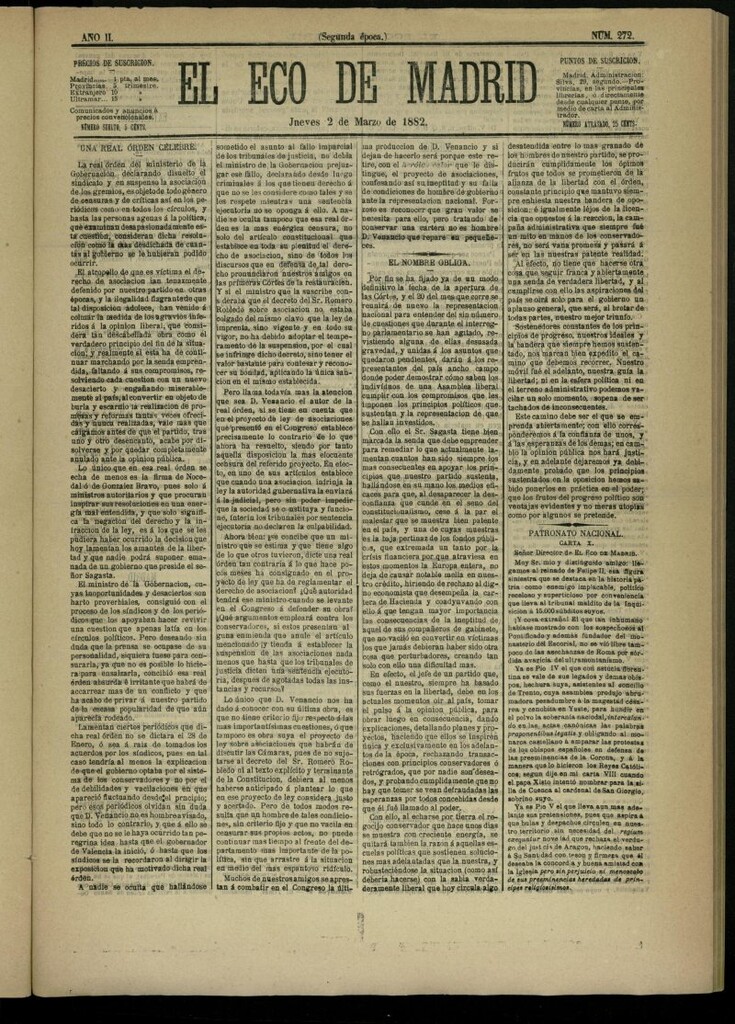 Miniatura de El Eco de Madrid : diario político de la tarde del 2 de marzo de 1882, nº 272