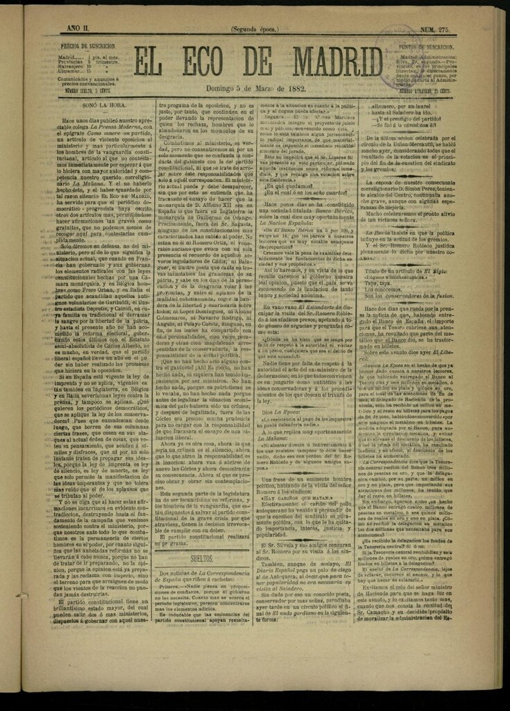 Miniatura de El Eco de Madrid : diario político de la tarde del 5 de marzo de 1882, nº 275
