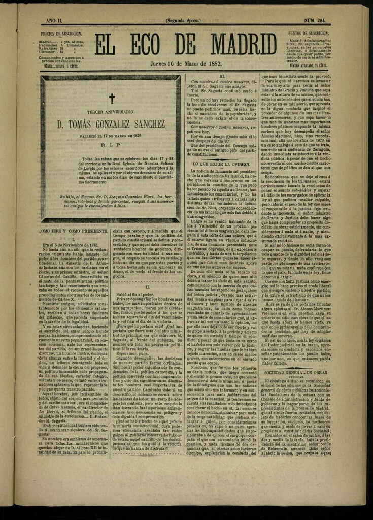Miniatura de El Eco de Madrid : diario político de la tarde del 16 de marzo de 1882, nº 284