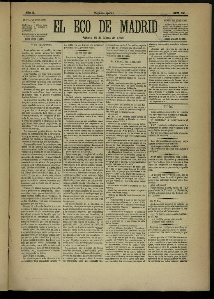 Miniatura de El Eco de Madrid : diario político de la tarde del 18 de marzo de 1882, nº 286