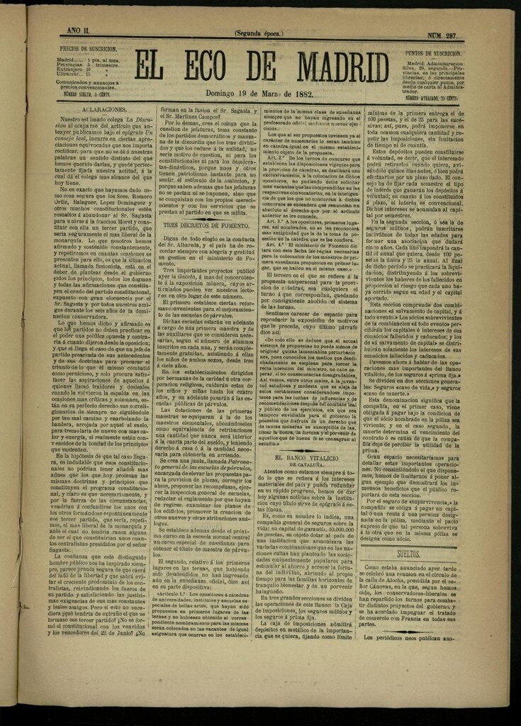 Miniatura de El Eco de Madrid : diario político de la tarde del 19 de marzo de 1882, nº 287