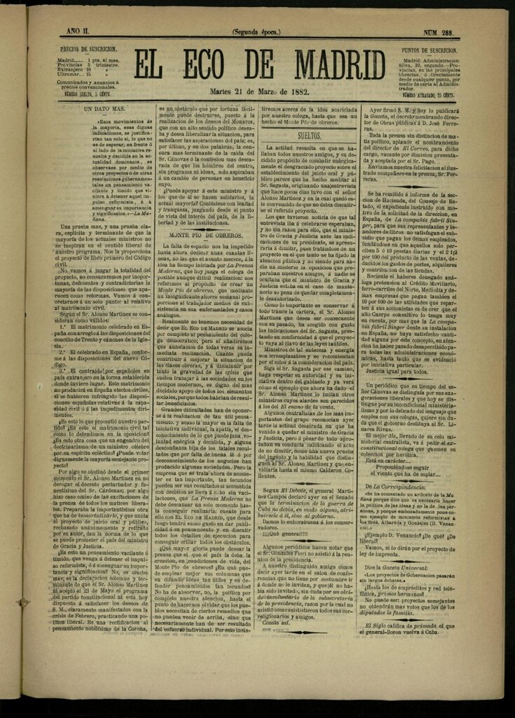 Miniatura de El Eco de Madrid : diario político de la tarde del 21 de marzo de 1882, nº 288