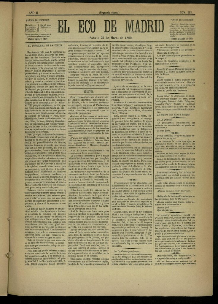 Miniatura de El Eco de Madrid : diario político de la tarde del 25 de marzo de 1882, nº 292