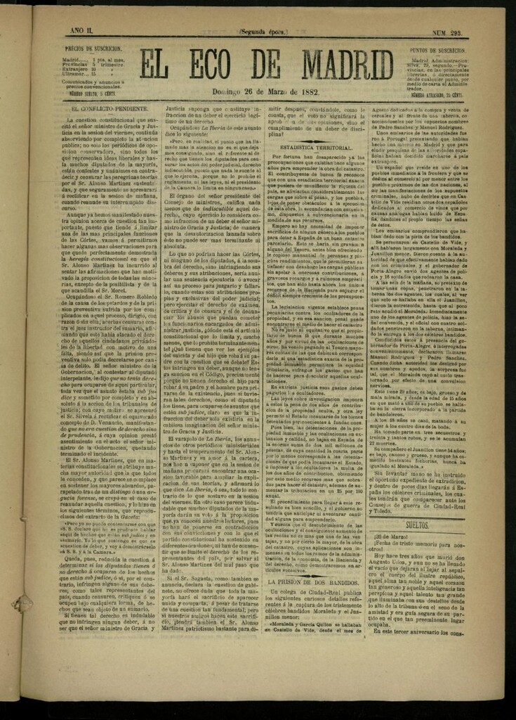 Miniatura de El Eco de Madrid : diario político de la tarde del 26 de marzo de 1882, nº 293