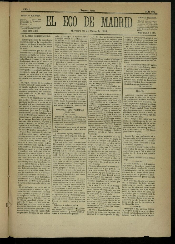 Miniatura de El Eco de Madrid : diario político de la tarde del 29 de marzo de 1882, nº 295