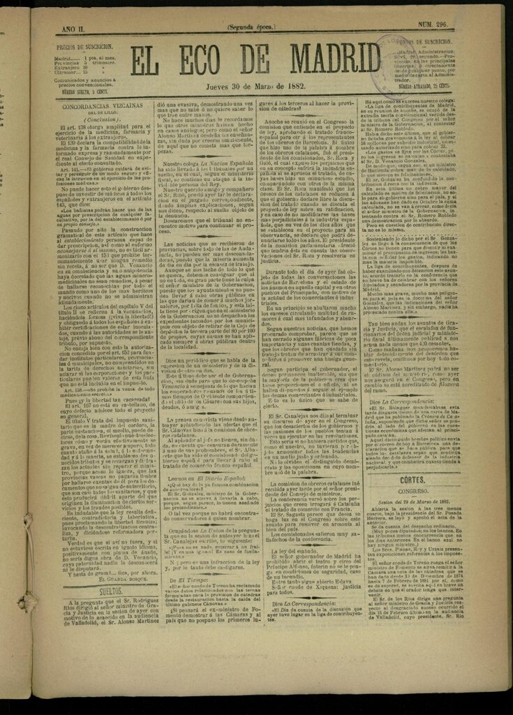 Miniatura de El Eco de Madrid : diario político de la tarde del 30 de marzo de 1882, nº 296