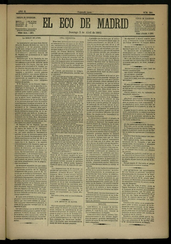 Miniatura de El Eco de Madrid : diario político de la tarde del 2 de abril de 1882, nº 299