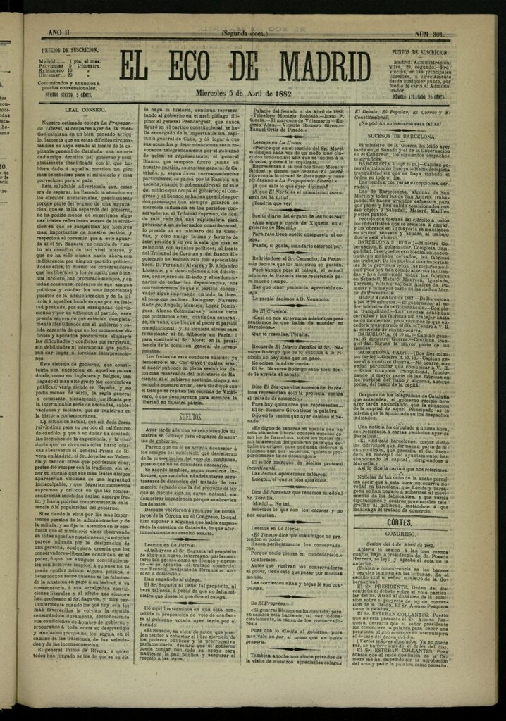 Miniatura de El Eco de Madrid : diario político de la tarde del 5 de abril de 1882, nº 301