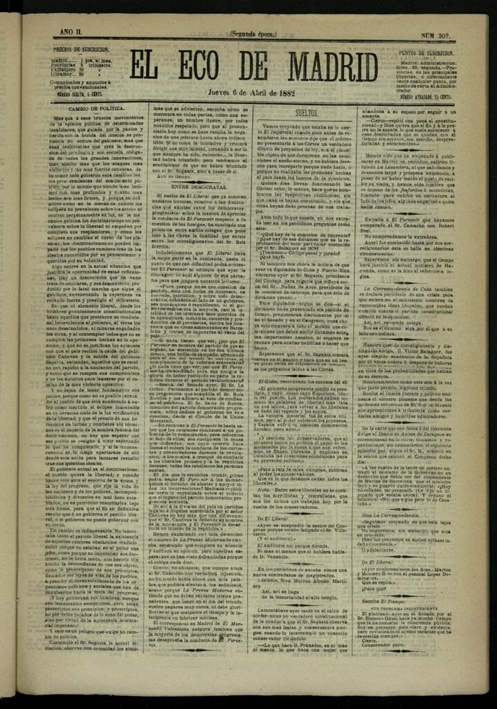 Miniatura de El Eco de Madrid : diario político de la tarde del 6 de abril de 1882, nº 302
