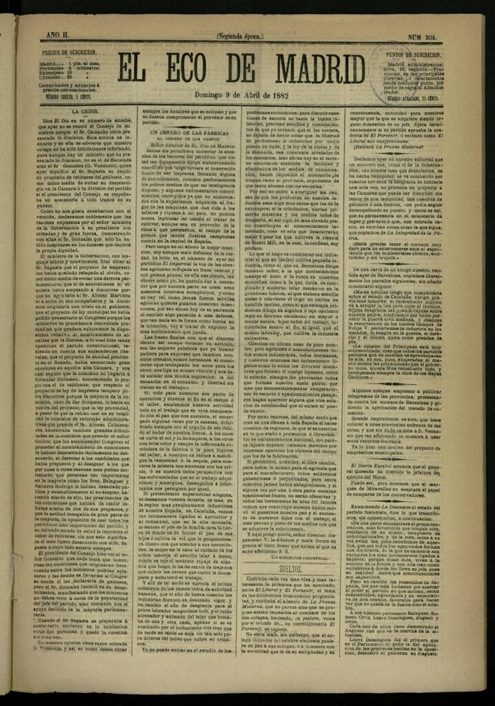 Miniatura de El Eco de Madrid : diario político de la tarde del 9 de abril de 1882, nº 304