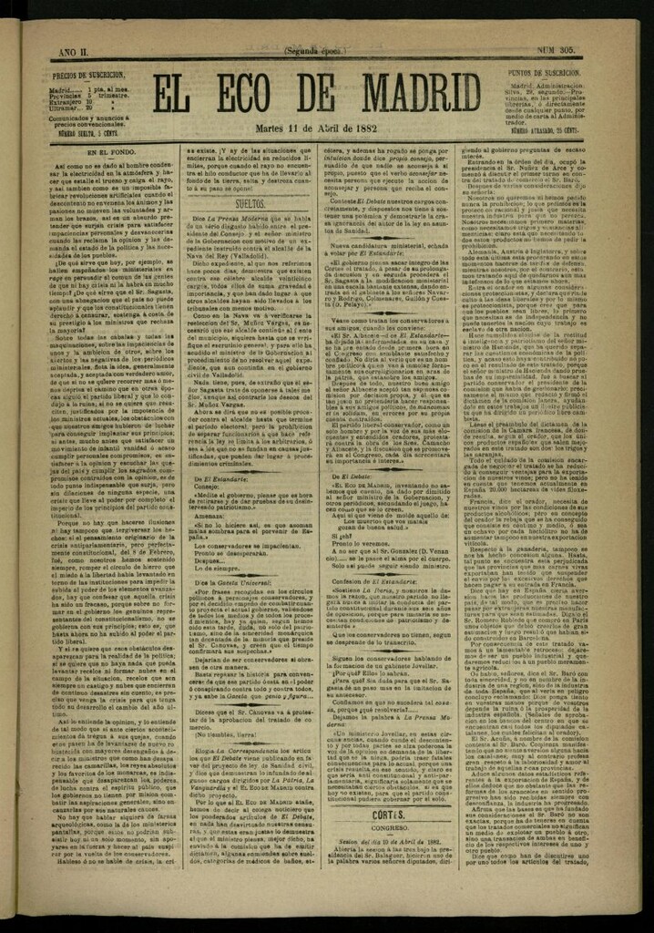 Miniatura de El Eco de Madrid : diario político de la tarde del 11 de abril de 1882, nº 305