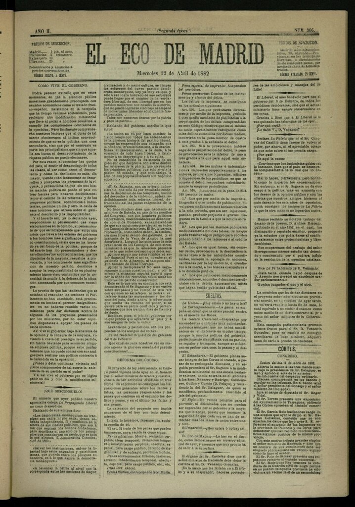 Miniatura de El Eco de Madrid : diario político de la tarde del 12 de abril de 1882, nº 306