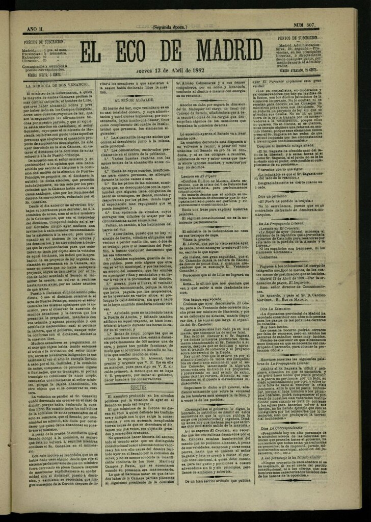 Miniatura de El Eco de Madrid : diario político de la tarde del 13 de abril de 1882, nº 307