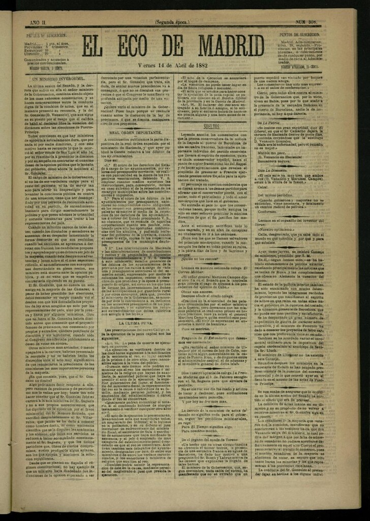 Miniatura de El Eco de Madrid : diario político de la tarde del 14 de abril de 1882, nº 308
