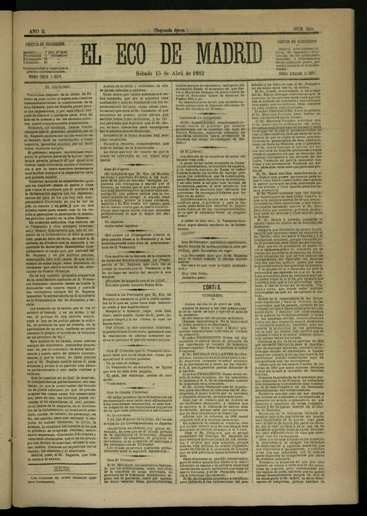 Miniatura de El Eco de Madrid : diario político de la tarde del 15 de abril de 1882, nº 309