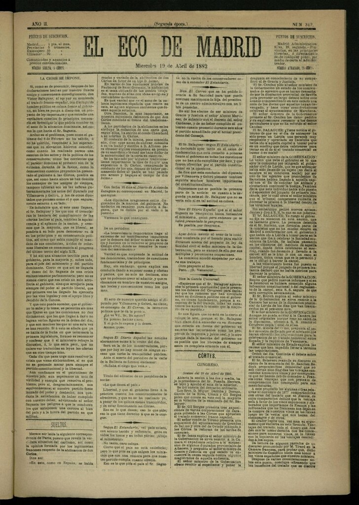 Miniatura de El Eco de Madrid : diario político de la tarde del 19 de abril de 1882, nº 312