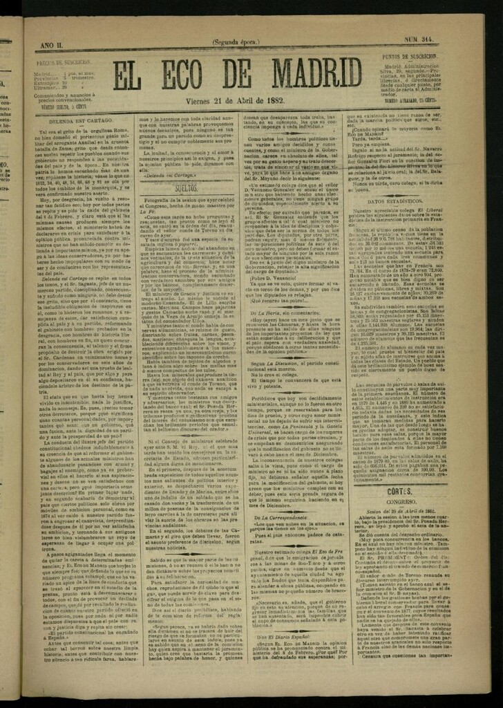 Miniatura de El Eco de Madrid : diario político de la tarde del 21 de abril de 1882, nº 314