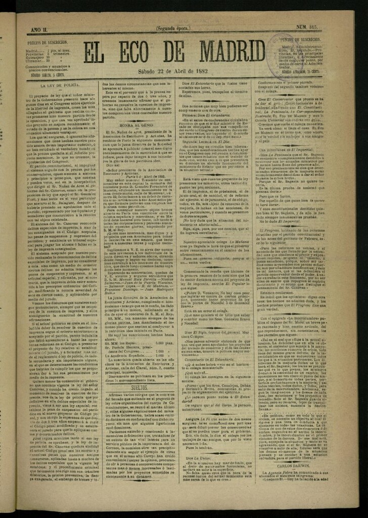 Miniatura de El Eco de Madrid : diario político de la tarde del 22 de abril de 1882, nº 315