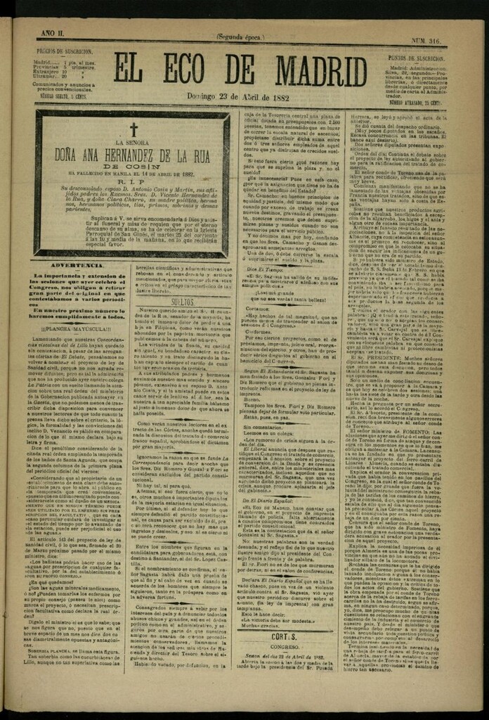 Miniatura de El Eco de Madrid : diario político de la tarde del 23 de abril de 1882, nº 316