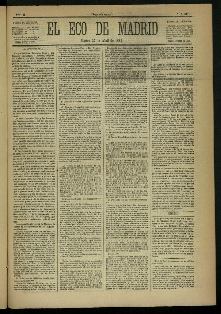 Miniatura de El Eco de Madrid : diario político de la tarde del 25 de abril de 1882, nº 317