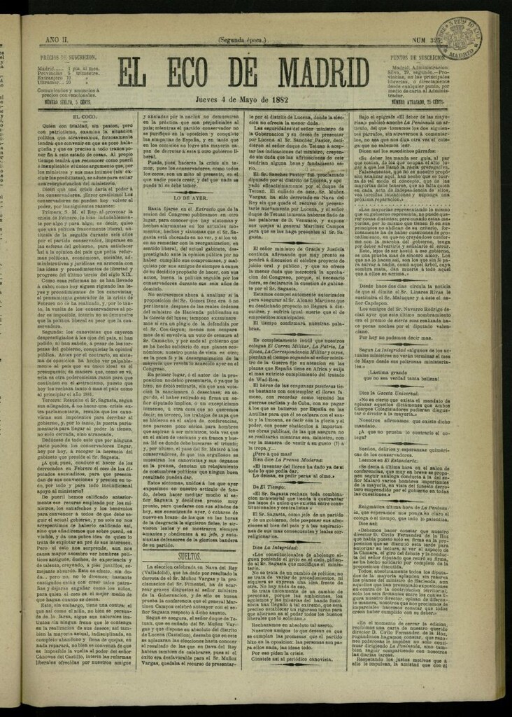 Miniatura de El Eco de Madrid : diario político de la tarde del 4 de mayo de 1882, nº 324