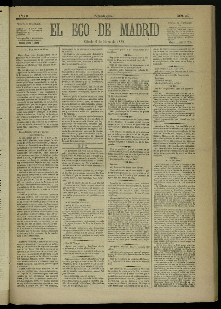 Miniatura de El Eco de Madrid : diario político de la tarde del 6 de mayo de 1882, nº 327