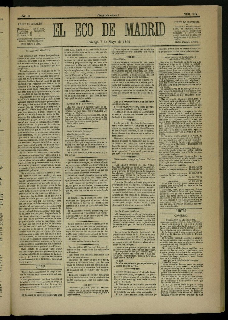 Miniatura de El Eco de Madrid : diario político de la tarde del 7 de mayo de 1882, nº 328