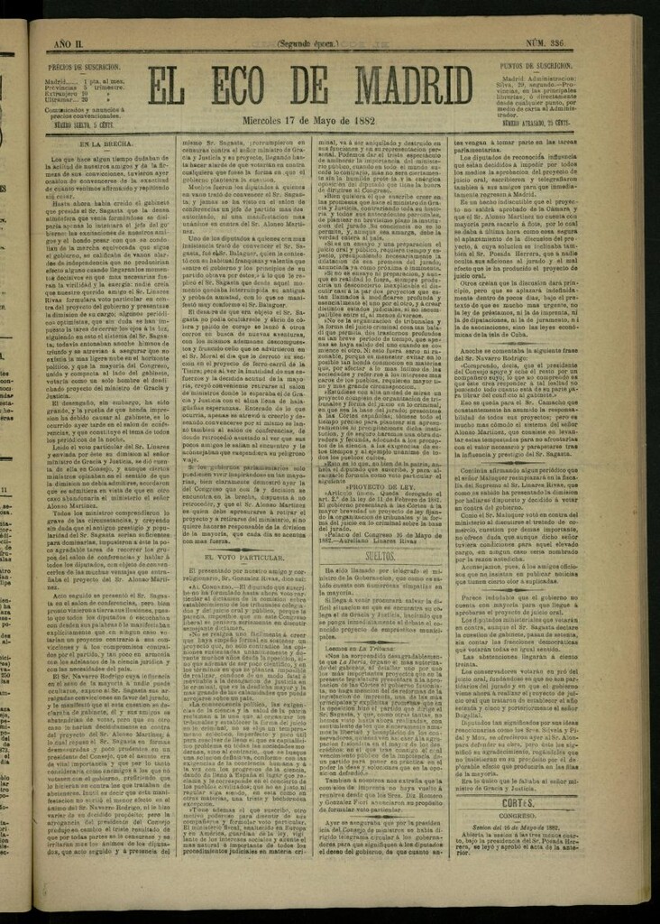 Miniatura de El Eco de Madrid : diario político de la tarde del 17 de mayo de 1882, nº 336