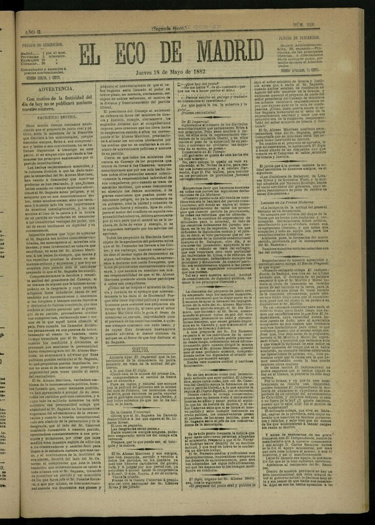 Miniatura de El Eco de Madrid : diario político de la tarde del 18 de mayo de 1882, nº 338 [sic]