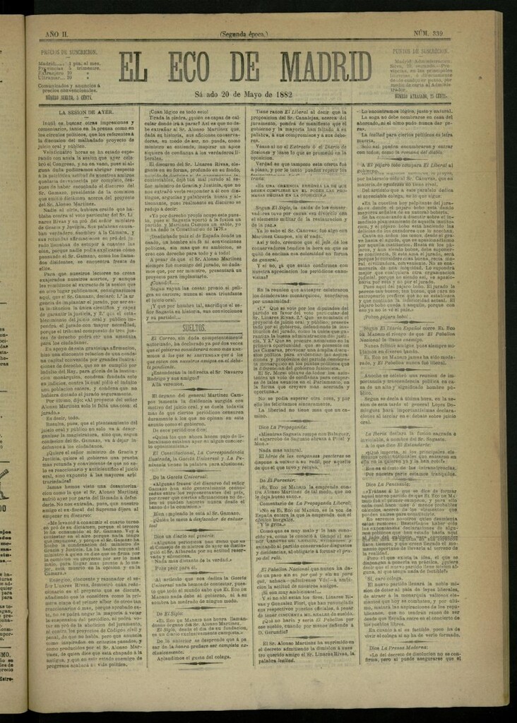Miniatura de El Eco de Madrid : diario político de la tarde del 20 de mayo de 1882, nº 339