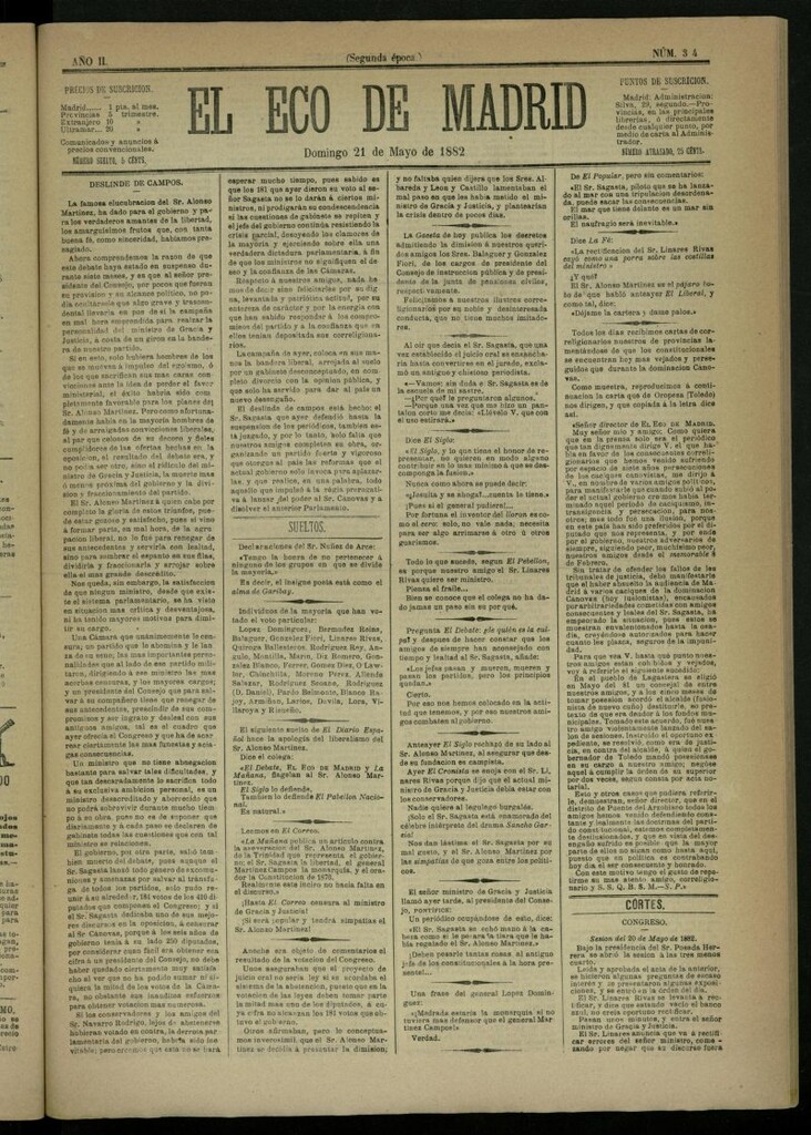 Miniatura de El Eco de Madrid : diario político de la tarde del 21 de mayo de 1882, nº 34 [sic]